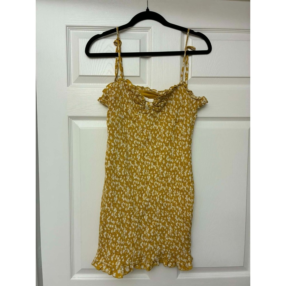 More To Come M Mustard Floral Smocked Mini Dress Cold Shoulder